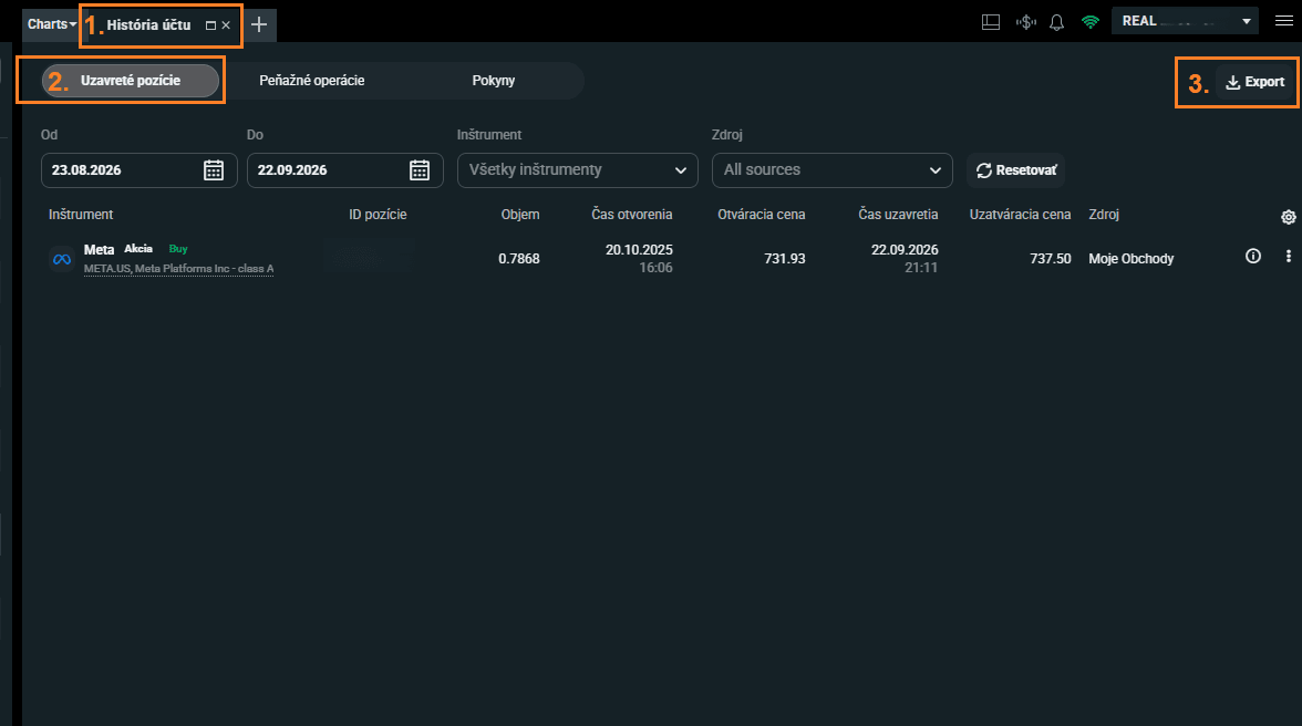 xStation 5: the Account History tab, the Closed positions tab and the Export button