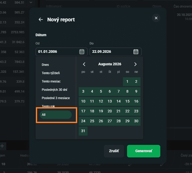 The New report window with the period selection and the All option marked