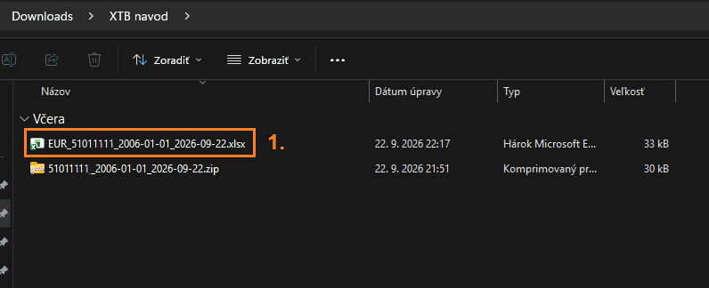 A folder with the extracted XLSX file marked with number 1 and the ZIP archive below it